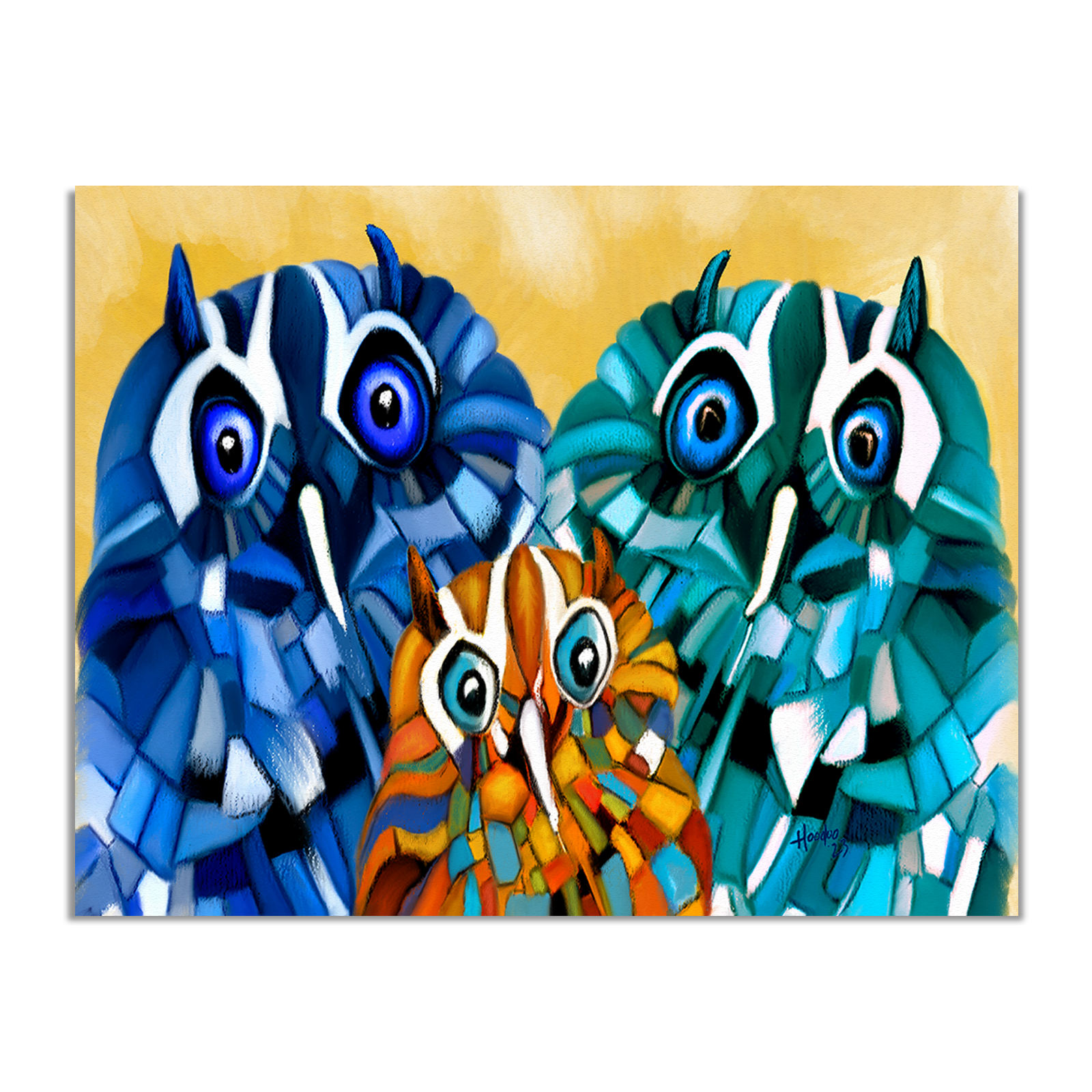 Colorful painting of three stylized owls on a beige background