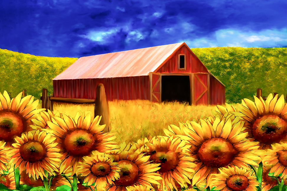 Painting of a red barn surrounded by sunflowers with a black frame.