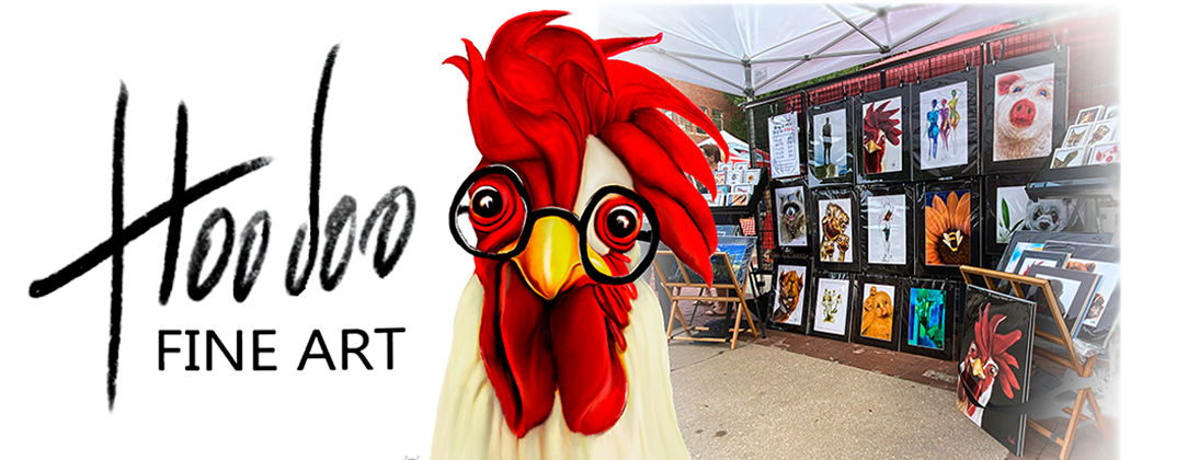 Rooster mascot in front of a booth displaying art at an event with 'Hoodoo Fine Art' branding.