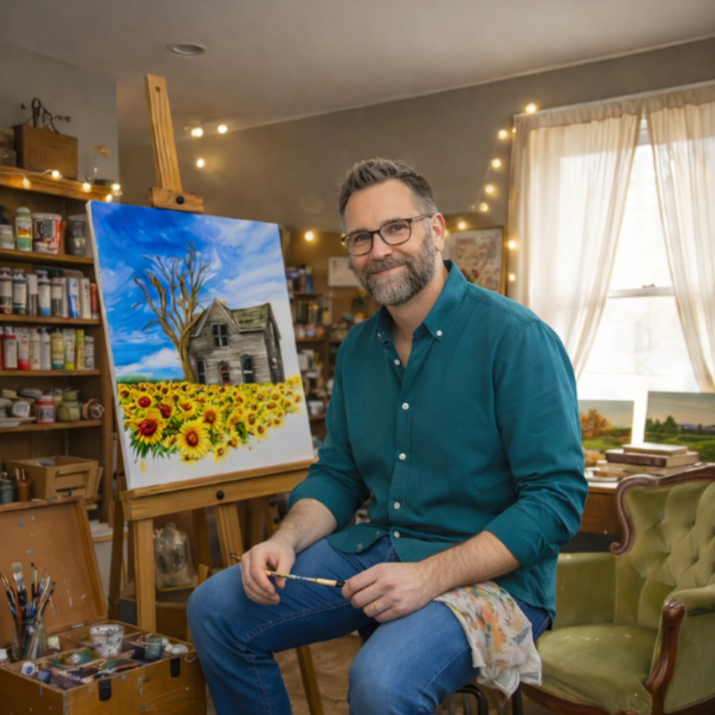 Man in a teal shirt sitting in an art studio with a painting of a sunflower field and house.